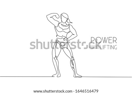 One continuous line drawing young strong model woman bodybuilder pose confidently. Fitness center gym logo concept. Dynamic single line draw design graphic vector illustration for bodybuilding contest