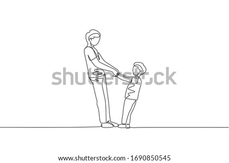 One continuous line drawing of young father and his son holding hands and dancing together at home, family life. Happy parenting concept. Dynamic single line draw design vector illustration graphic