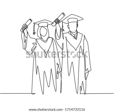 One continuous line drawing of young happy couple college student proud to show their graduation letter to celebrate their graduate. Education concept single line draw design vector illustration