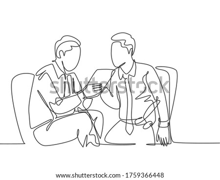 One continuous line drawing of young marketing manager presenting new strategy to growing product sales to company CEO. Business meeting concept single line draw design vector graphic illustration