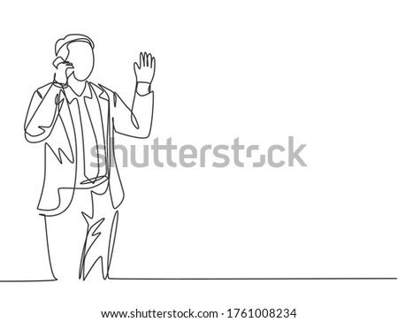 One continuous line drawing of young startup CEO holding smartphone to call investor and convincing investor to invest at his company. Business deal concept single line draw design vector illustration
