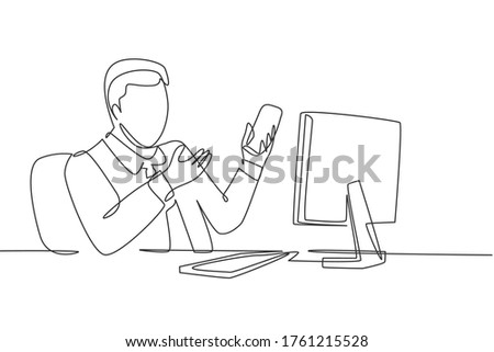 One continuous line drawing of young happy manager holding smartphone while introduce company culture and environment to his new staff. Trendy single line draw graphic design vector illustration