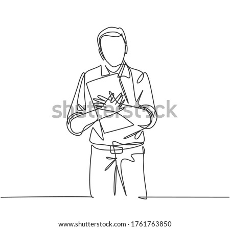 One continuous line drawing of young happy male businessman at the office tightly hugging the file he was carrying. Work service excellence concept single line draw design graphic vector illustration