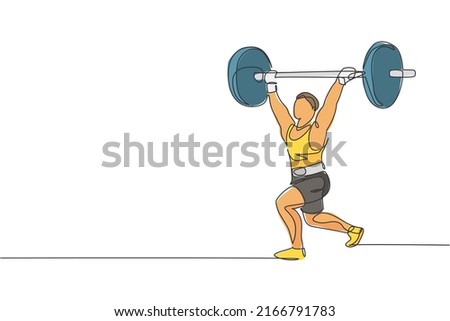 One continuous line drawing of young bodybuilder man doing exercise with a heavy weight bar in gym. Powerlifter train weightlifting concept. Dynamic single line draw design vector graphic illustration