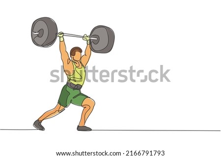 One continuous line drawing of young bodybuilder man doing exercise with a heavy weight bar in gym. Powerlifter train weightlifting concept. Dynamic single line draw design graphic vector illustration