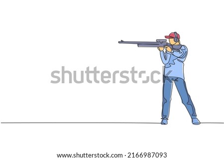 One continuous line drawing young man on shooting training ground practice for competition with rifle gun. Outdoor shooting sport concept. Dynamic single line draw graphic design vector illustration