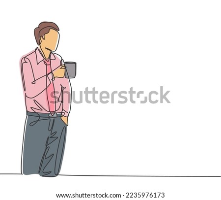 One continuous line drawing of young male worker standing and thinking his work while holding a cup of coffee during office break. Rest break at office concept single line draw design illustration