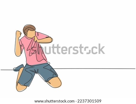 One continuous line drawing of young soccer player kissing the badge on his jersey and raises fist hand to the sky. Match goal scoring celebration concept single line draw design vector illustration