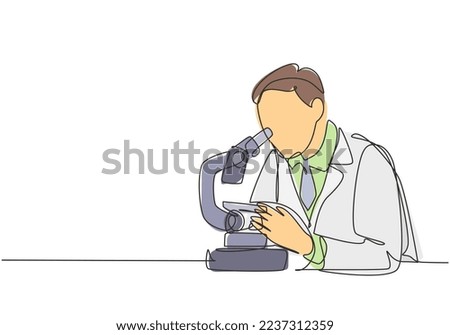 One continuous line drawing of young male scientist analyze corona virus cause covid-19 disease using laboratory microscope. Coronavirus medical research concept single line draw design illustration