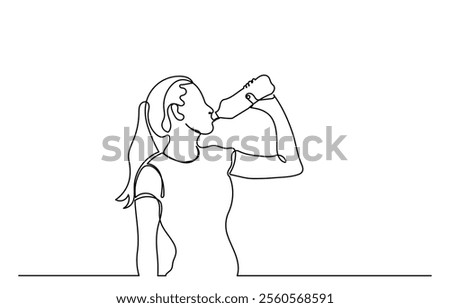 One continuous line drawing of a young woman drinking water from a bottle. line-art sporty Girl drinking water. Healthy life habits of people, health benefit dehydration prevention concept vector.