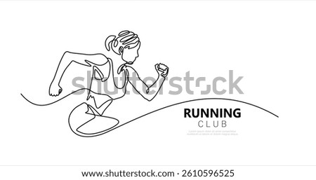 One continuous line drawing of young woman athlete runner focus sprint run. Individual sport, competitive concept. Dynamic single line draw design vector illustration for running competition poster.
