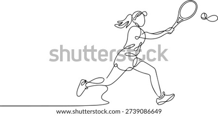 One continuous line drawing of young happy female tennis player hit the opponent's ball. Competitive sport concept. one line Icon drawing
