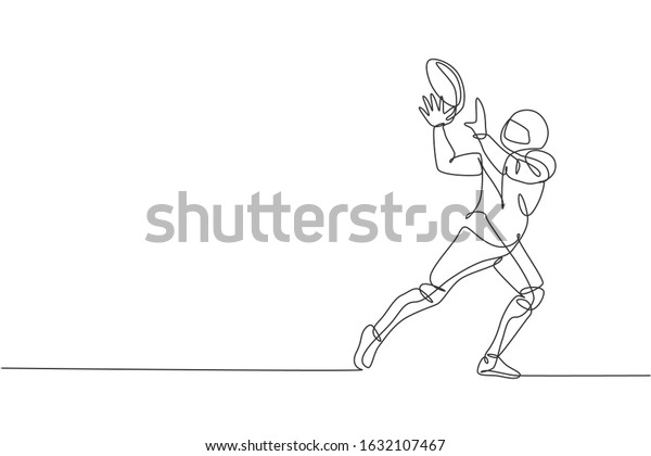 One continuous line drawing young american football player catch the