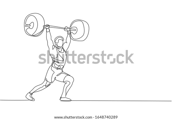 One continuous line drawing of young\
bodybuilder man doing exercise with a heavy weight bar in gym.\
Powerlifter train weightlifting concept. Dynamic single line draw\
design graphic vector\
illustration