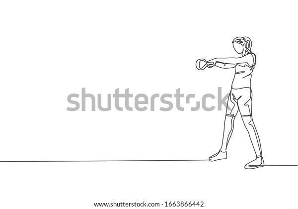 One continuous line drawing of young sporty woman working out lifting