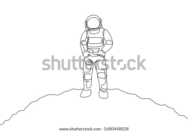 One continuous line drawing of young\
spaceman on spacesuit put hands in pockets in moon surface.\
Astronaut business office with deep space concept. Dynamic single\
line draw design vector\
illustration