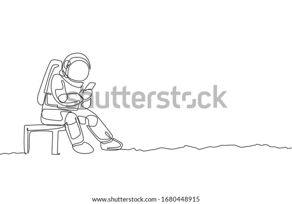 One continuous line drawing of young\
spaceman on spacesuit siting on chair and texting using handphone.\
Astronaut business office with deep space concept. Single line draw\
design vector illustration