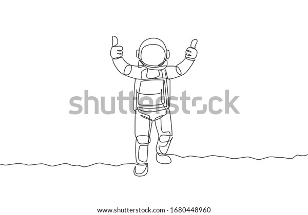 One continuous line drawing young spaceman\
on spacesuit giving thumbs up gesture in moon surface. Astronaut\
business office with deep space concept. Single line draw design\
graphic vector\
illustration