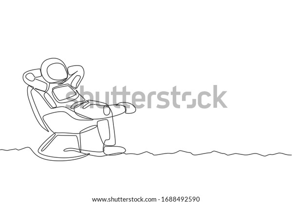 One continuous line drawing of young happy\
astronaut sleeping relax on reclining chair in moon surface. Space\
man deep space concept. Dynamic single line draw design vector\
graphic illustration