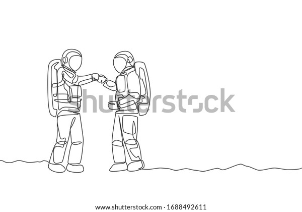 One continuous line drawing of young happy\
astronaut giving fist bump gesture to his friend in moon surface.\
Space man deep space concept. Dynamic single line draw design\
graphic vector\
illustration