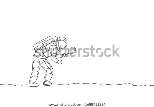 One continuous line drawing of young\
astronaut holding magnifier and search for foot trace in moon\
surface. Cosmic galaxy space concept. Dynamic single line draw\
graphic design vector\
illustration