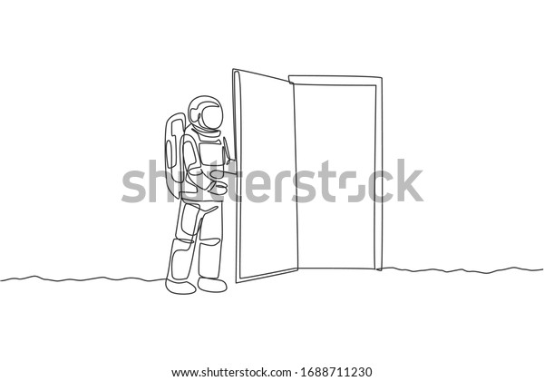 One continuous line drawing of young\
astronaut opening door gate into another dimension in moon surface.\
Cosmic galaxy space concept. Dynamic single line draw design vector\
graphic illustration