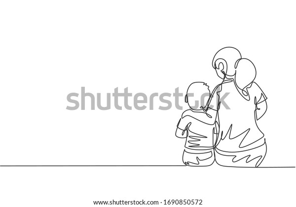 One continuous line drawing young mother\
talking with her son about goal and purpose of life at home, family\
life. Happy parenting concept. Dynamic single line draw graphic\
design vector illustration