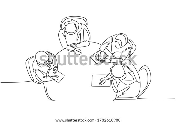 One continuous line drawing of young muslim\
businesspeople discussing agreement project together from top view.\
Islamic clothing hijb, scarf, keffiyeh. Single line draw design\
vector illustration
