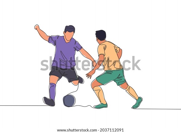 One\
continuous line drawing of young energetic football striker\
dribbling ball pass the opponent defender. Soccer match sports\
concept. Single line draw design vector\
illustration