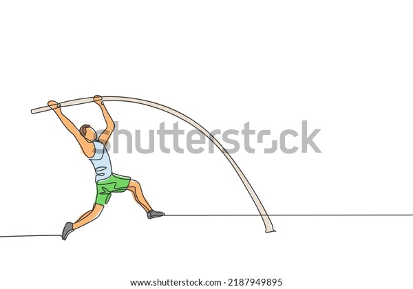 One continuous line drawing of young sporty\
man practicing pole vault stance jump in the field. Healthy\
athletic sport concept. Championship event. Dynamic single line\
draw design vector\
illustration