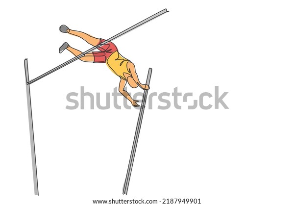 One continuous line drawing of young sporty\
man practicing to pass pole vault bar in the field. Healthy\
athletic sport concept. Championship event. Dynamic single line\
draw design vector\
illustration