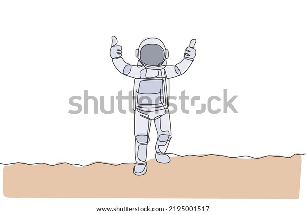 One continuous line drawing young spaceman\
on spacesuit giving thumbs up gesture in moon surface. Astronaut\
business office with deep space concept. Single line draw design\
graphic vector\
illustration