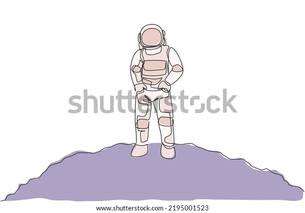 One continuous line drawing of young\
spaceman on spacesuit put hands in pockets in moon surface.\
Astronaut business office with deep space concept. Dynamic single\
line draw design vector\
illustration