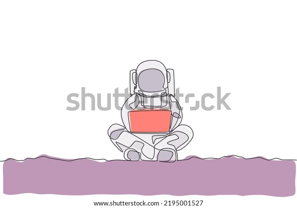 One continuous line drawing of young\
spaceman on spacesuit sitting in moon surface while typing.\
Astronaut business office with deep space concept. Dynamic single\
line draw design vector\
illustration
