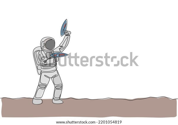 One continuous line drawing of young\
astronaut shoot using space laser gun to kill enemy in moon\
surface. Cosmic galaxy space concept. Dynamic single line draw\
graphic design vector\
illustration