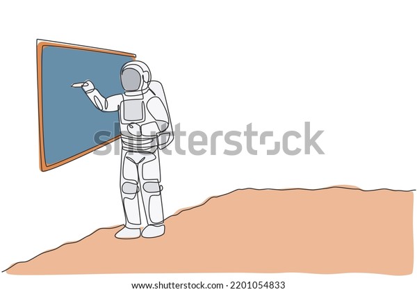 One continuous line drawing of young\
astronaut explaining formula and writing on whiteboard in moon\
surface. Cosmic galaxy space concept. Dynamic single line draw\
graphic design vector\
illustration