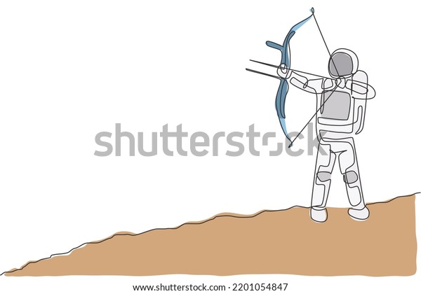 One
continuous line drawing of young astronaut focus aiming archery
into target in moon surface. Cosmic galaxy space concept. Dynamic
single line draw design graphic vector
illustration