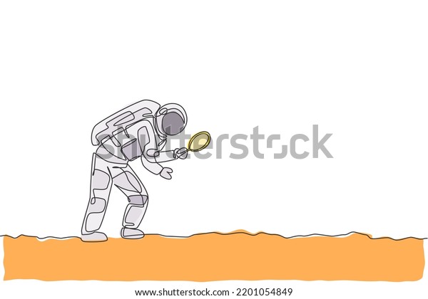 One continuous line drawing of young\
astronaut holding magnifier and search for foot trace in moon\
surface. Cosmic galaxy space concept. Dynamic single line draw\
graphic design vector\
illustration