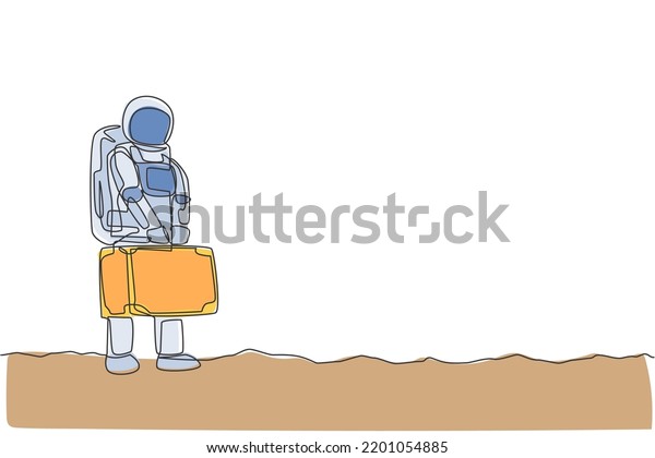 One continuous line drawing young happy\
astronaut holding big suitcase luggage want to travel in moon\
surface. Space man deep space concept. Dynamic single line draw\
design vector graphic\
illustration