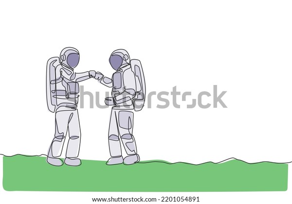 One continuous line drawing of young happy\
astronaut giving fist bump gesture to his friend in moon surface.\
Space man deep space concept. Dynamic single line draw design\
graphic vector\
illustration