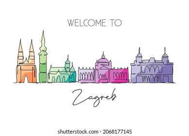 One continuous line drawing of Zagreb city skyline, Croatia. Beautiful landmark. World landscape tourism travel vacation wall decor poster print. Stylish single line draw design vector illustration