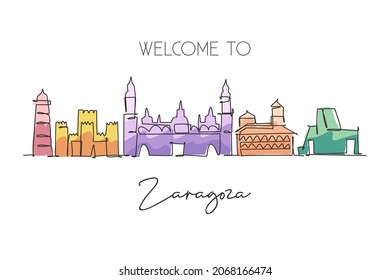 One continuous line drawing Zaragoza city skyline Spain. Beautiful skyscraper postcard. World landscape tourism travel vacation wall decor poster concept. Single line draw design vector illustration