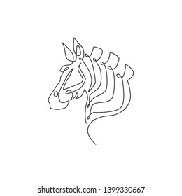 One continuous line drawing of zebra head for national park zoo safari logo identity. Horse from Africa with stripes concept for company mascot. Trendy single line draw design graphic illustration