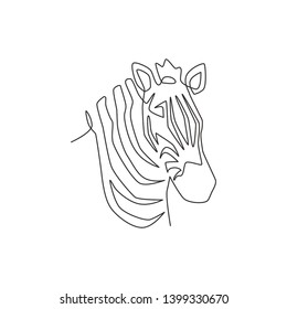 One continuous line drawing of zebra head for zoo safari national park logo identity. Typical horse from Africa with stripes concept for company mascot. Modern single line draw design illustration