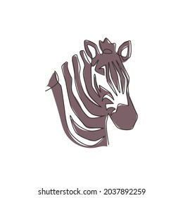 One continuous line drawing of zebra head for zoo safari national park logo identity. Typical horse from Africa with stripes concept for company mascot. Modern single line draw design illustration