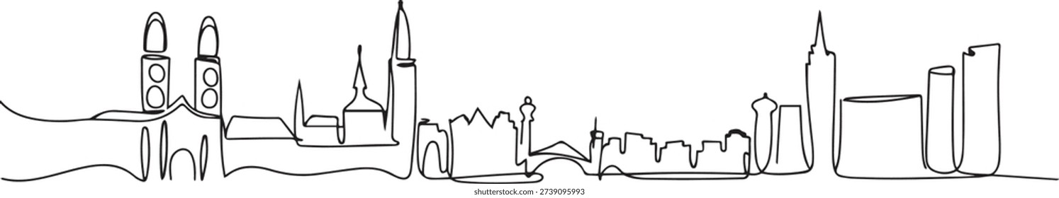 One continuous line drawing of Zurich city skyline, Switzerland. Beautiful skyscraper. World landscape tourism travel home wall decor poster print. one line Icon drawing

