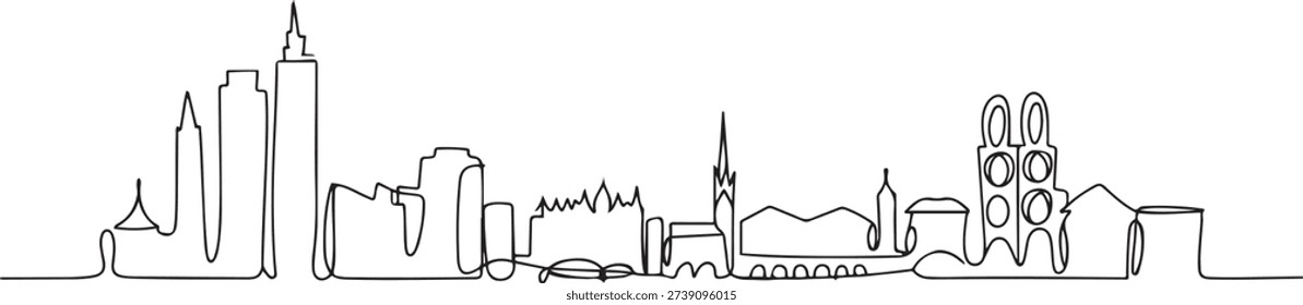 One continuous line drawing of Zurich city skyline, Switzerland. Beautiful skyscraper. World landscape tourism travel home wall decor poster print. one line Icon drawing
