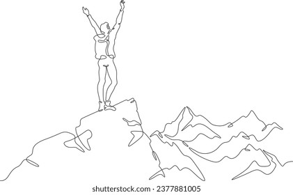 One continuous line drawing.Linear. Hand drawn,white background. Man on top of the mountain. Success. The joy of victory. Peak of the mountain. Climbing. Beautiful landscape.