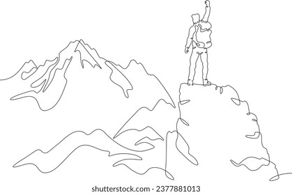 One continuous line drawing.Linear. Hand drawn,white background. Man on top of the mountain. Success. The joy of victory. Peak of the mountain. Climbing. Beautiful landscape.