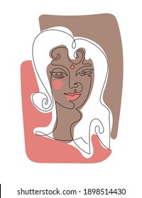 One Continuous Line drawings. Abstract portrait of indian hindu woman, drawn by one line.